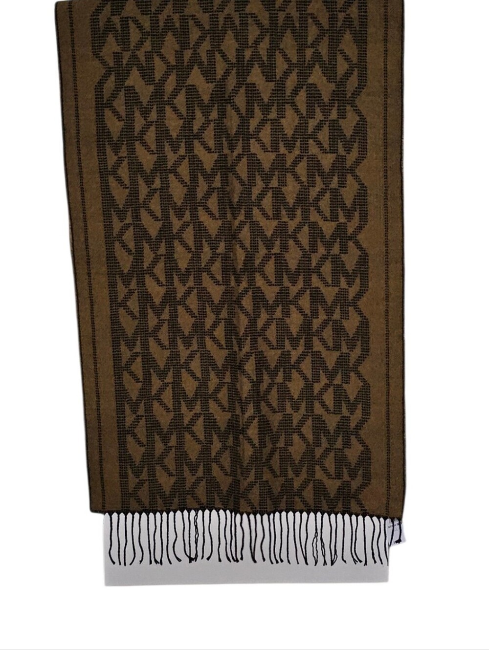 Michael Kors Black and Tan Monogram Vegan Wool Soft Warm Scarf with Fringe